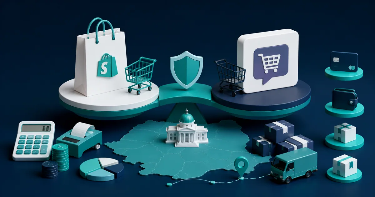 Ilustrație editorială CAB-IT despre Shopify sau WooCommerce România