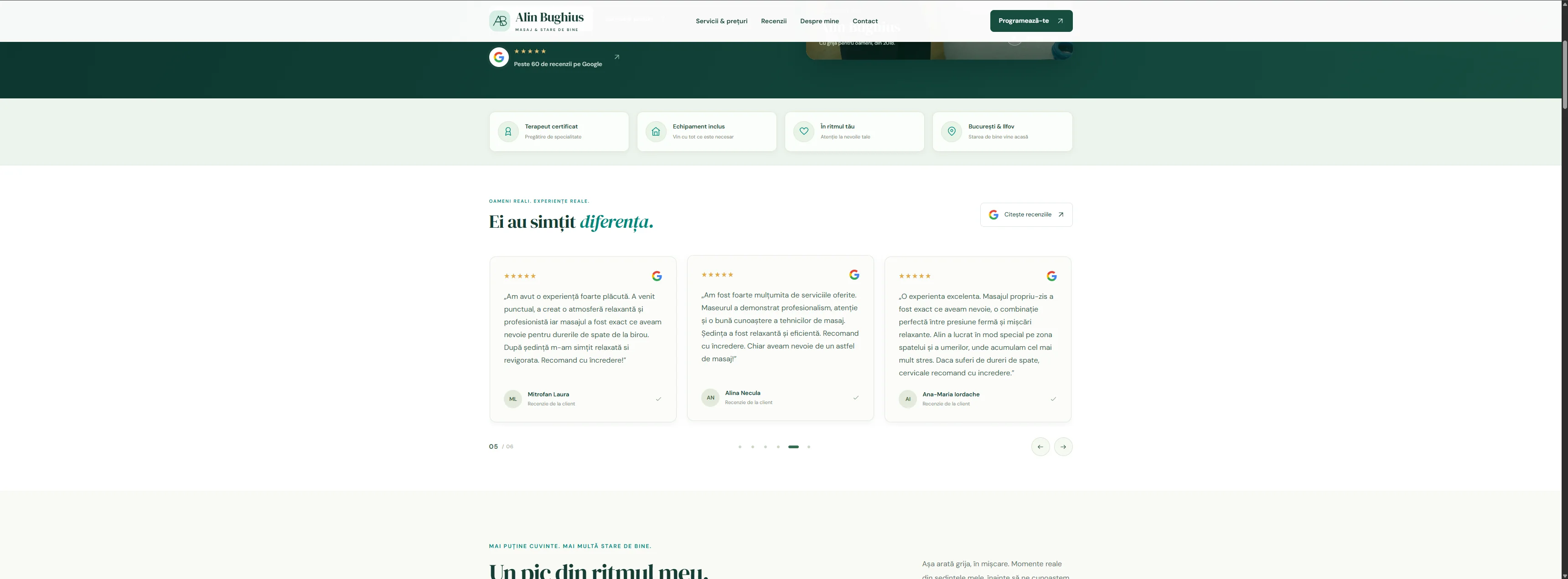 Website Alin Bughius cu recenzii Google și elemente de încredere