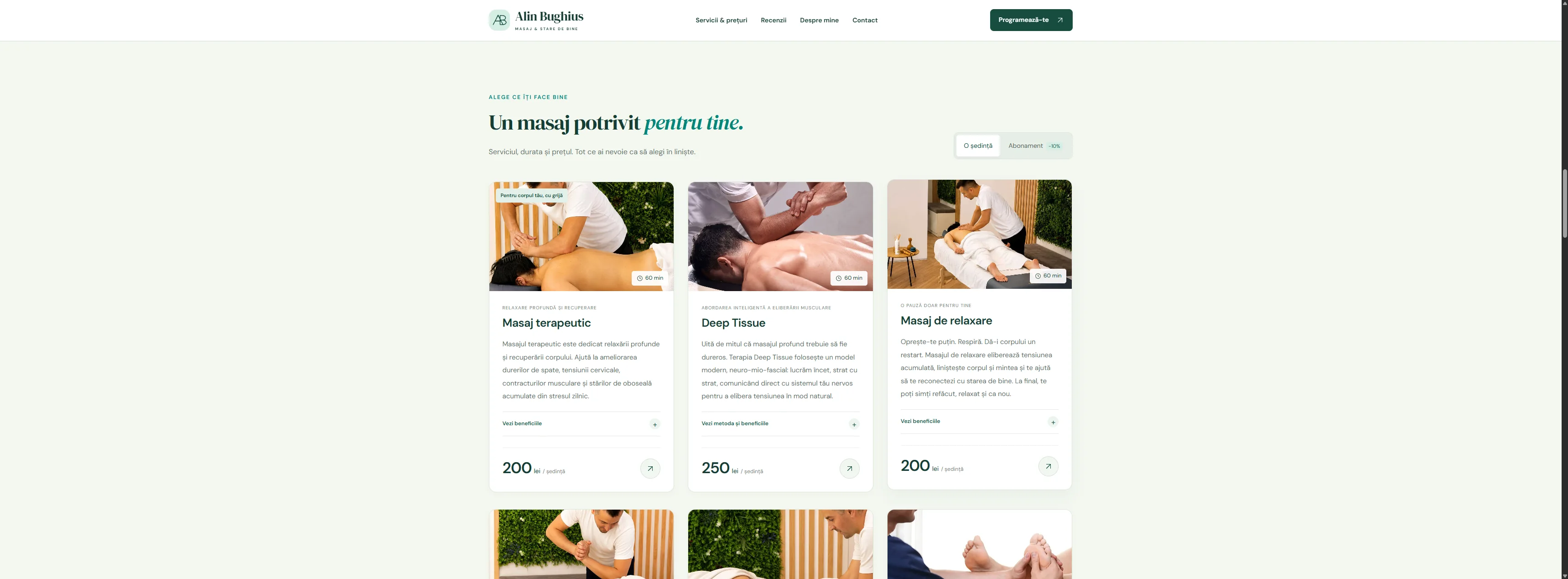 Website modern cu servicii de masaj, durate, beneficii și prețuri administrabile