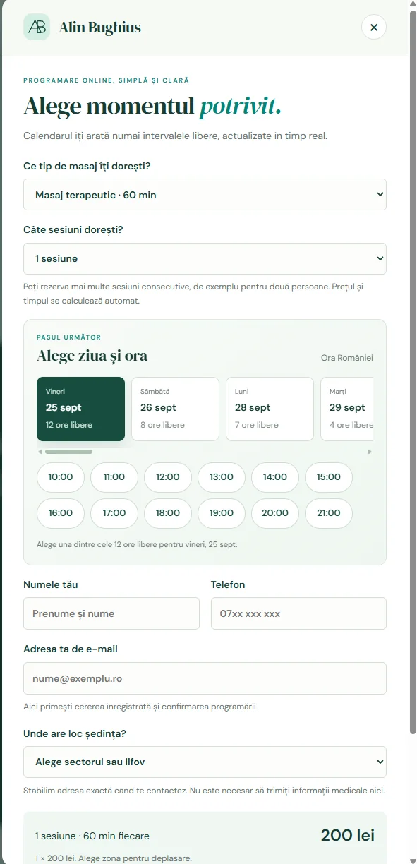 Interfață mobilă pentru programări online, disponibilitate și calcularea costului pe AlinBughius.ro