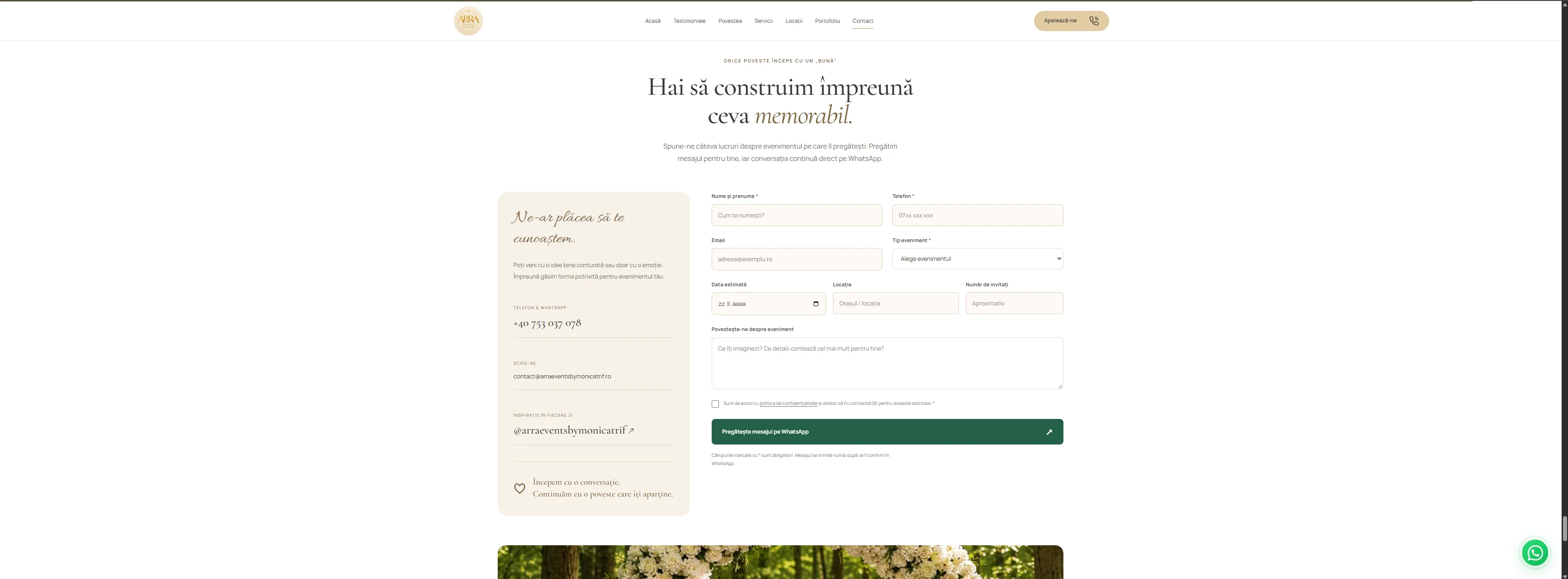 Formular de contact prin email și WhatsApp pentru solicitări de organizare evenimente