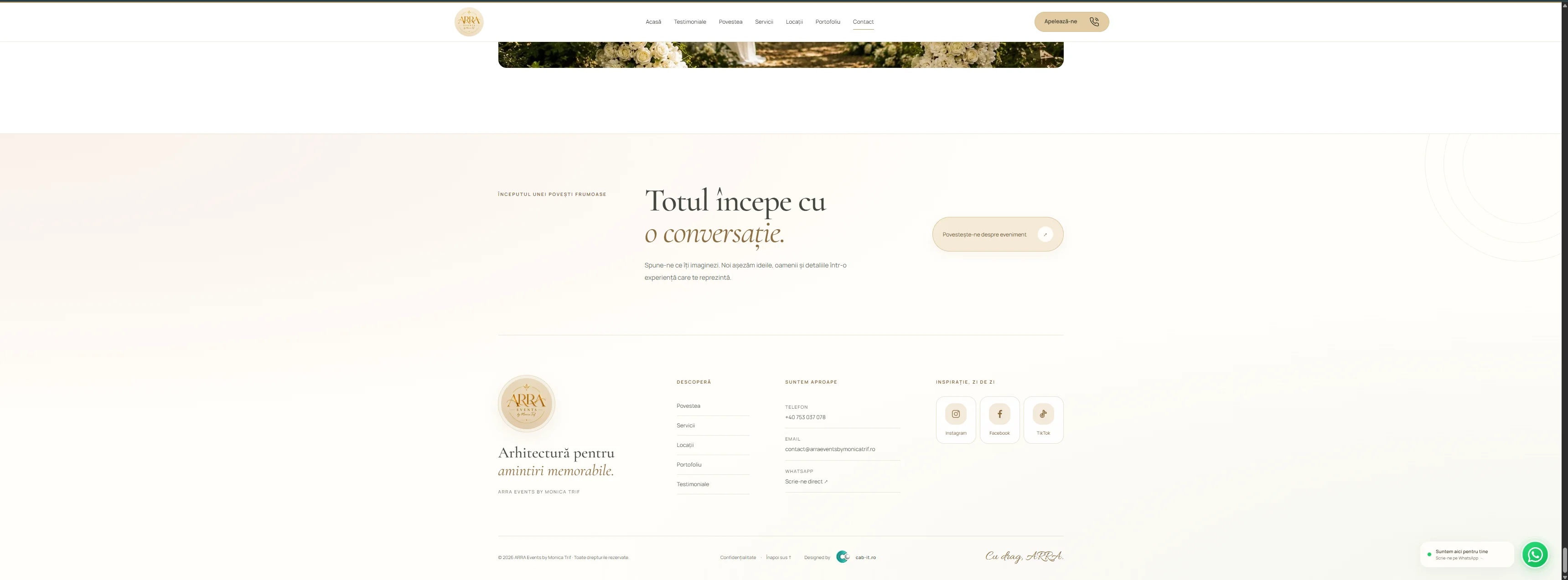 Footer-ul website-ului ARRA Events și informațiile de contact