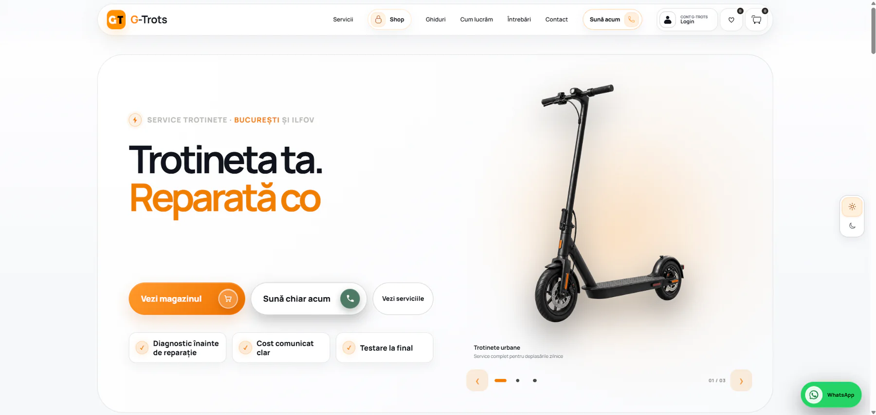 Website G-Trots pentru service de trotinete și scutere electrice, conectat la shop și aplicații