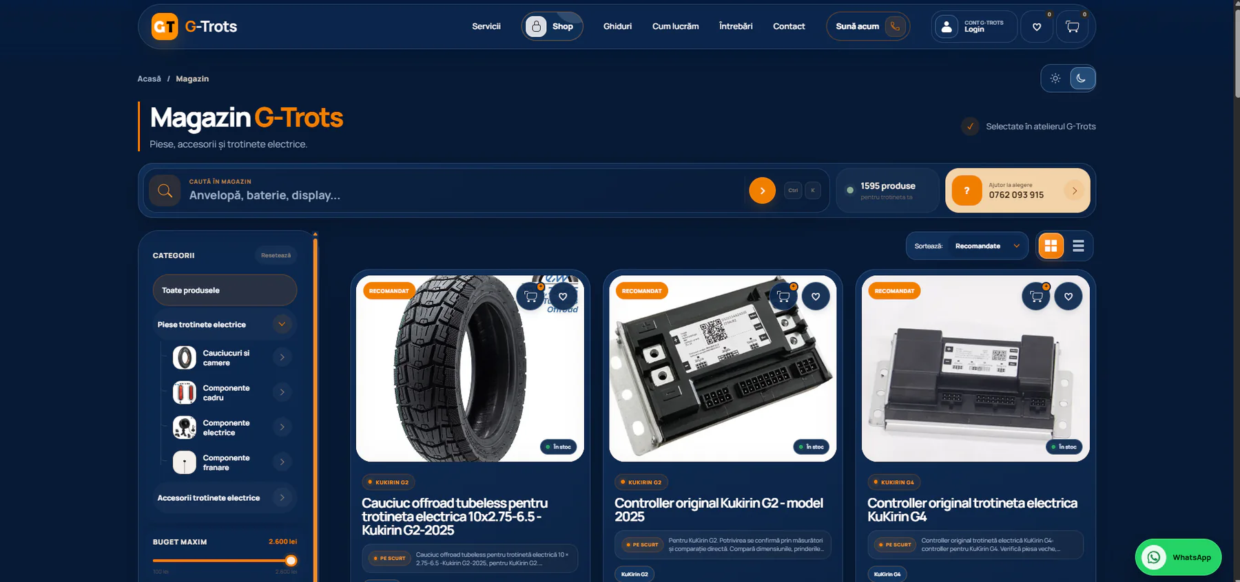 Magazinul online G-Trots în tema dark cu produse, filtre și disponibilitate