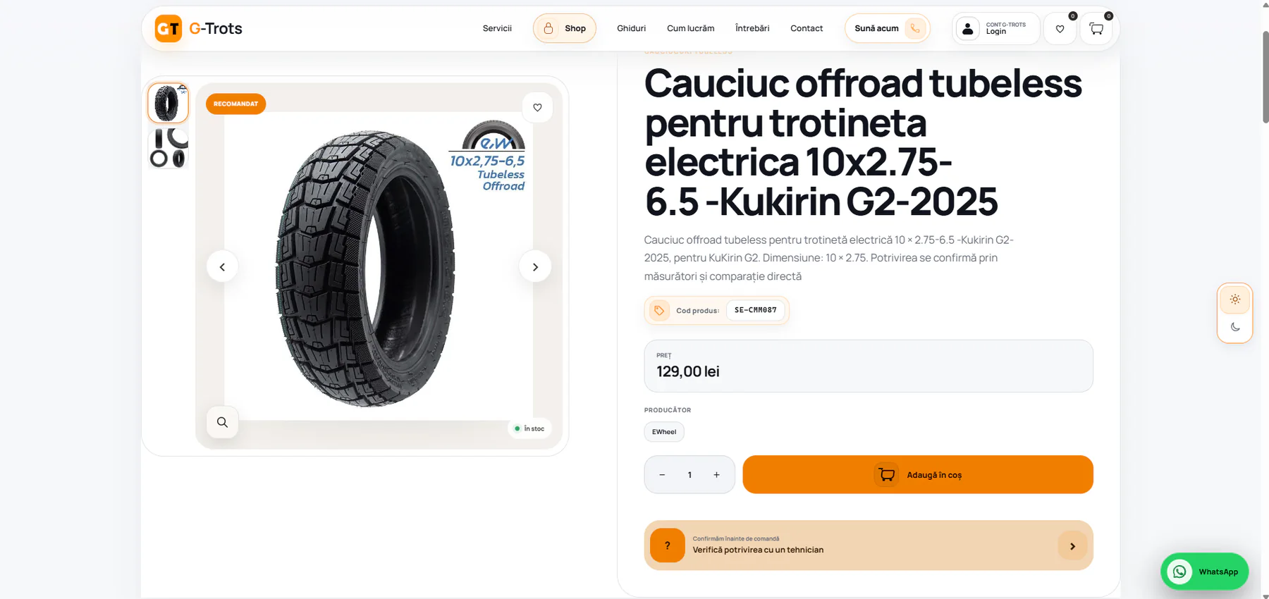 Pagină de produs G-Trots în tema light pentru o piesă de trotinetă electrică
