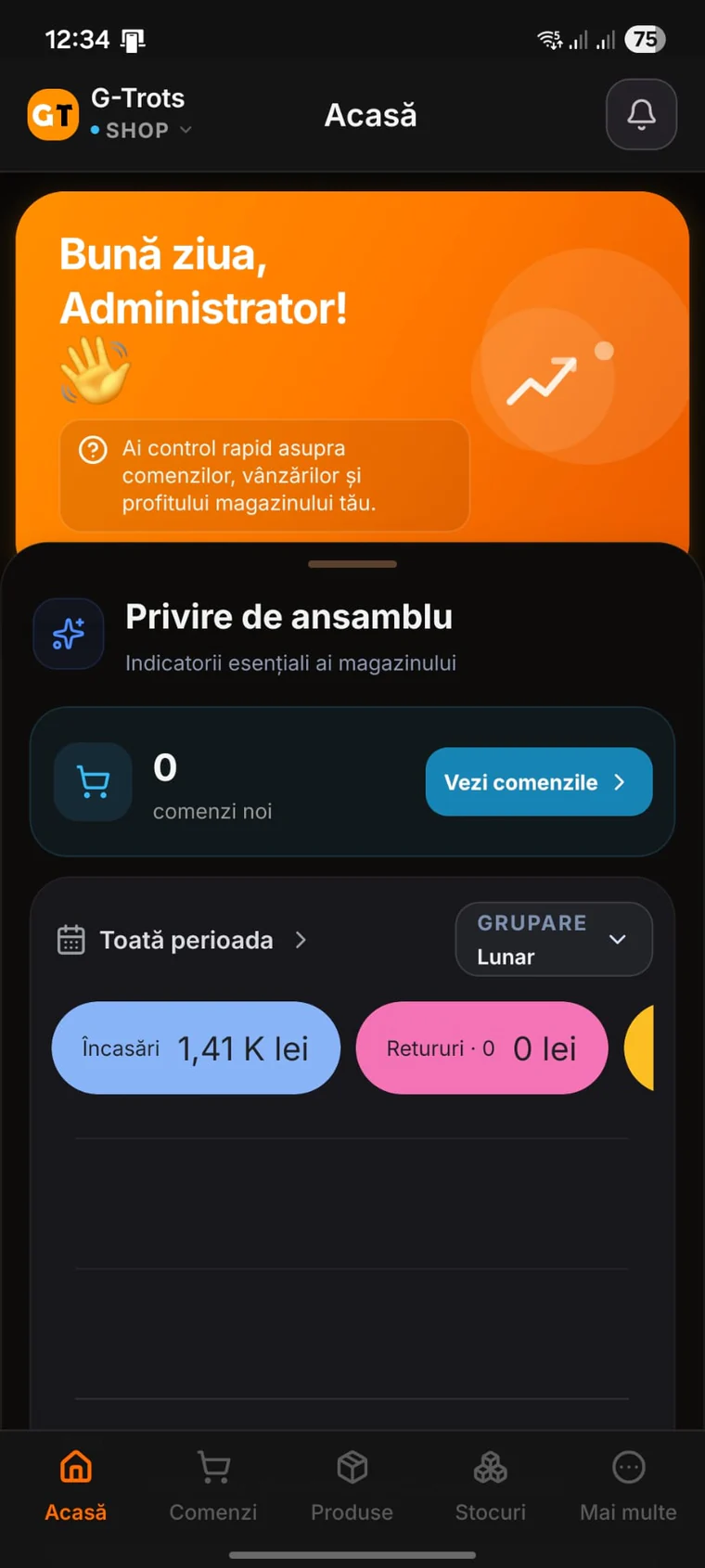 Aplicație mobilă G-Trots instalabilă pentru administrarea magazinului de oriunde