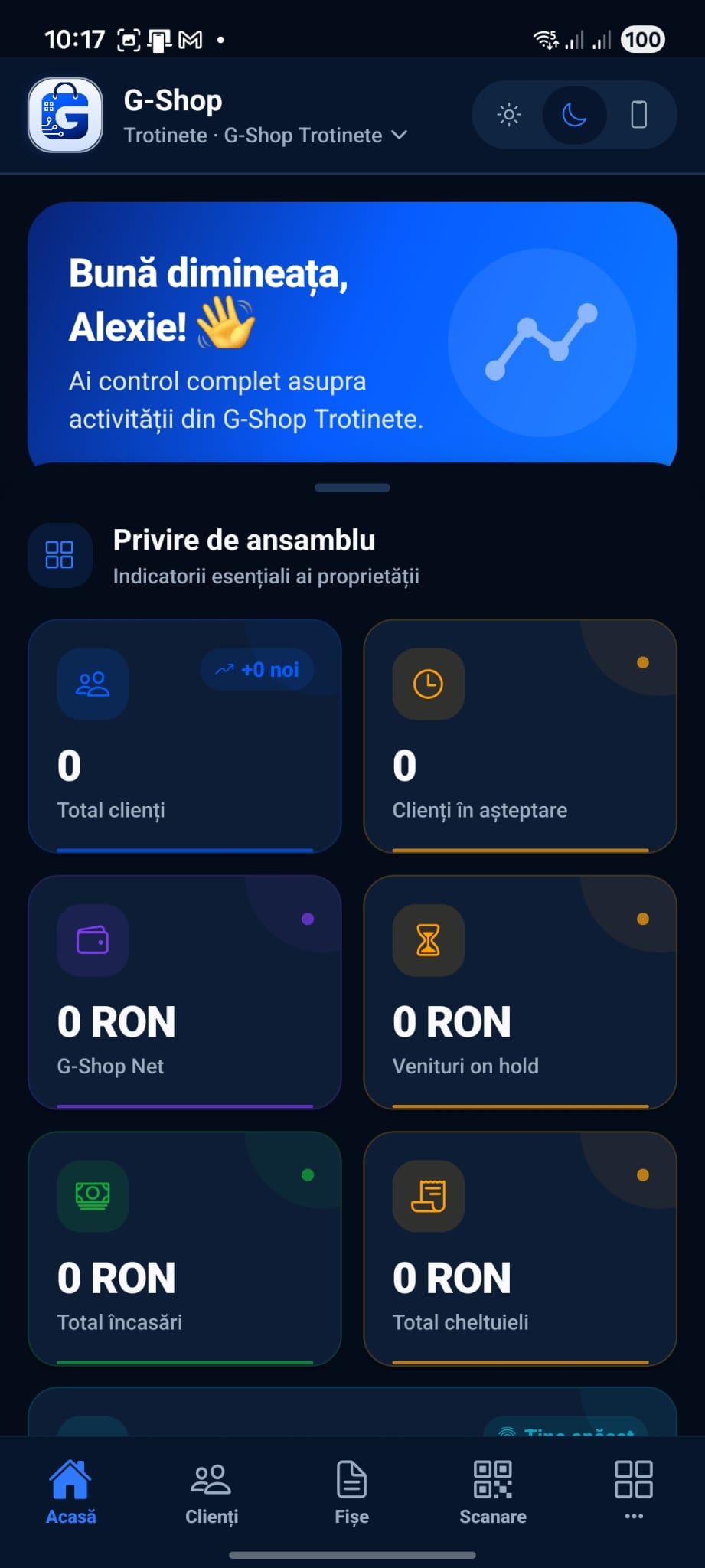 Ecran de configurare inițială în aplicația mobilă CRM G-Shop App