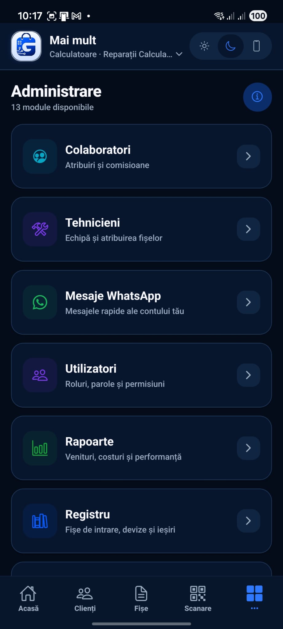 Module de administrare pentru colaboratori, tehnicieni, WhatsApp, utilizatori, rapoarte și registru