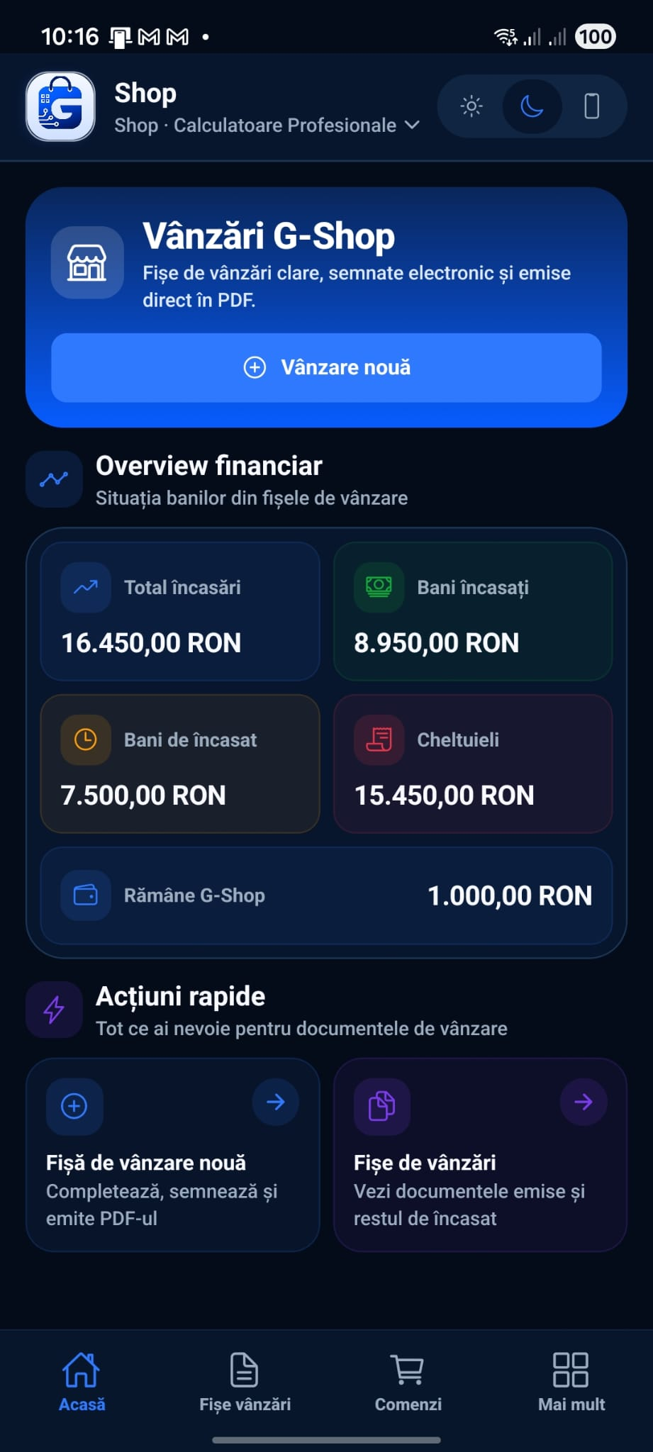 Modul de vânzări G-Shop App cu situația încasărilor în tema dark