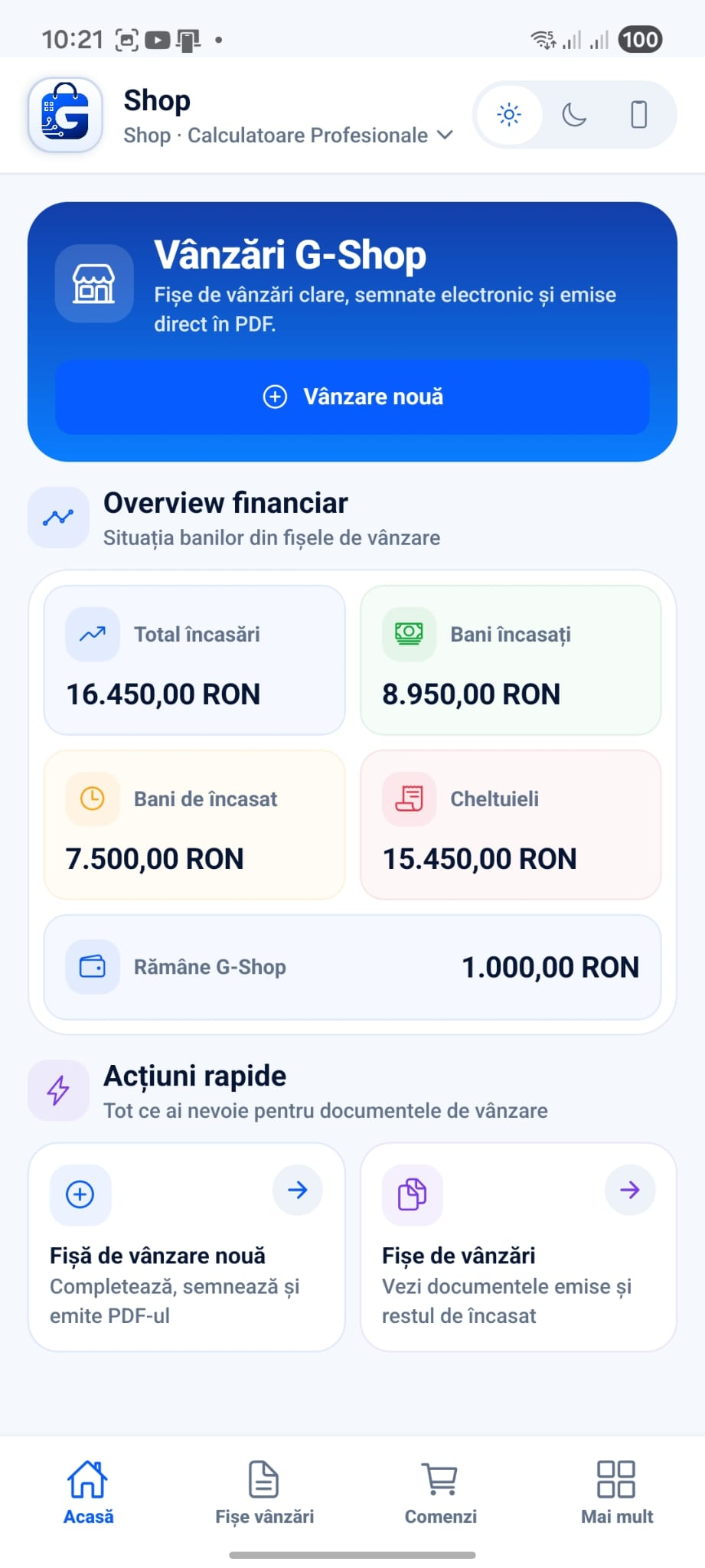 Modul de vânzări, fișe PDF și situație financiară în tema light