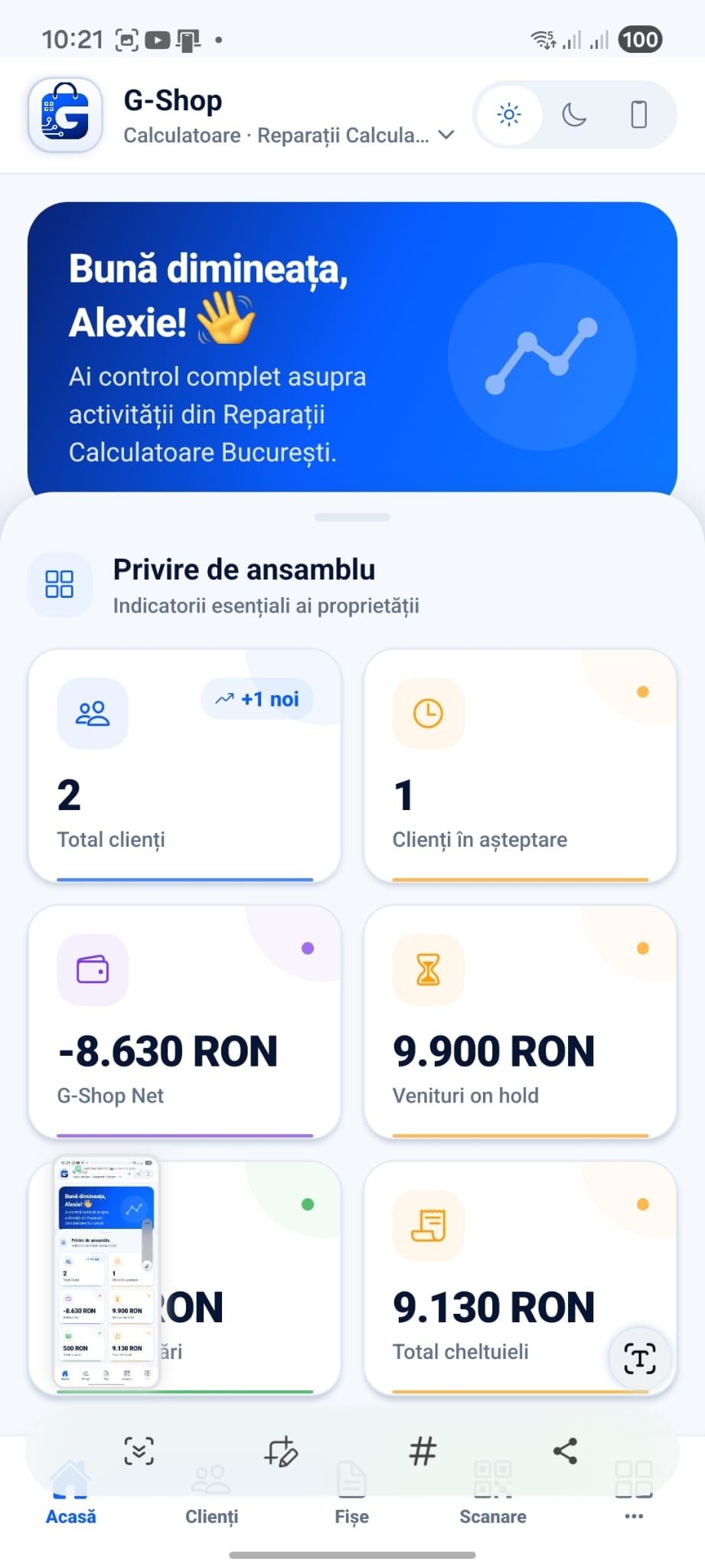Dashboard responsive G-Shop App în tema light, instalat pe telefon