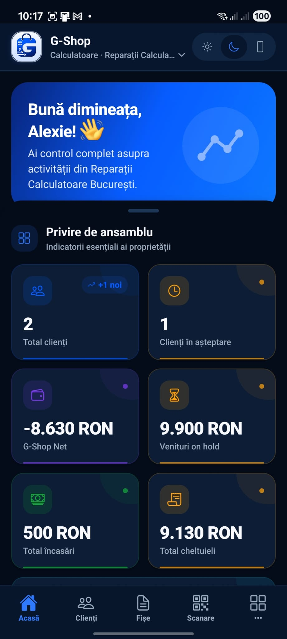 Dashboard G-Shop App în tema dark pentru clienți, încasări, cheltuieli și venituri în așteptare