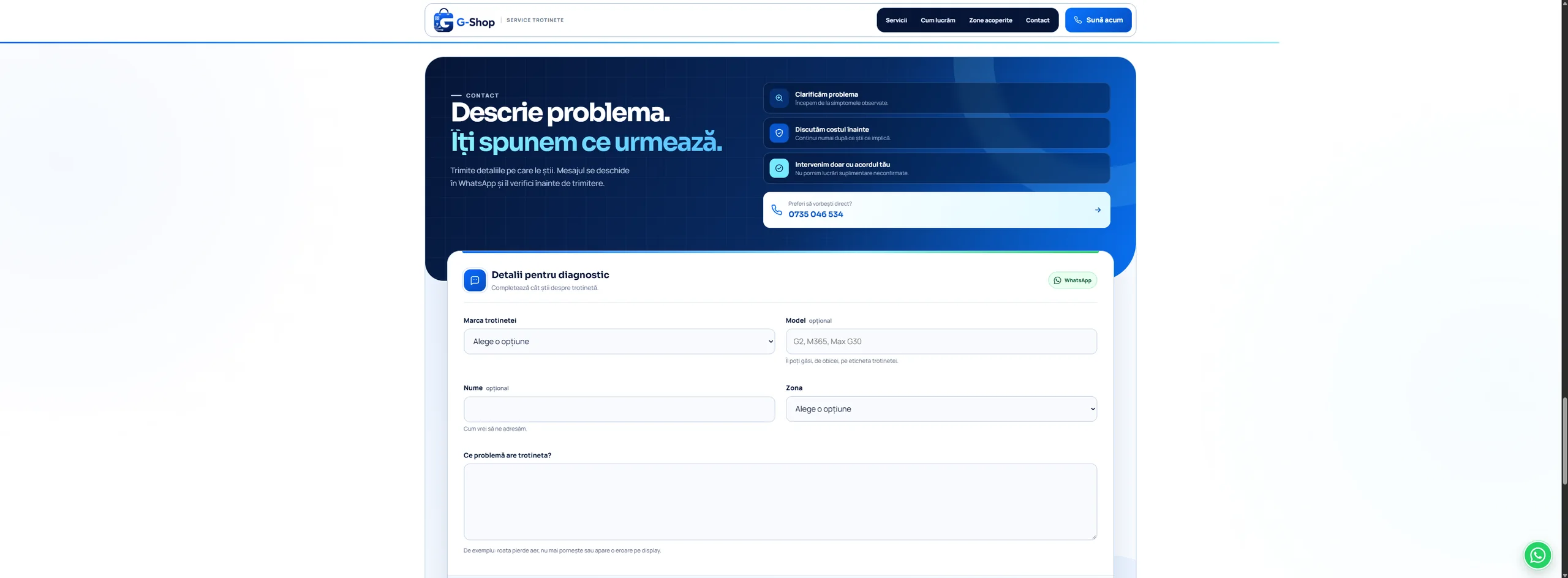 Formular de diagnostic ales de client și integrat direct cu WhatsApp
