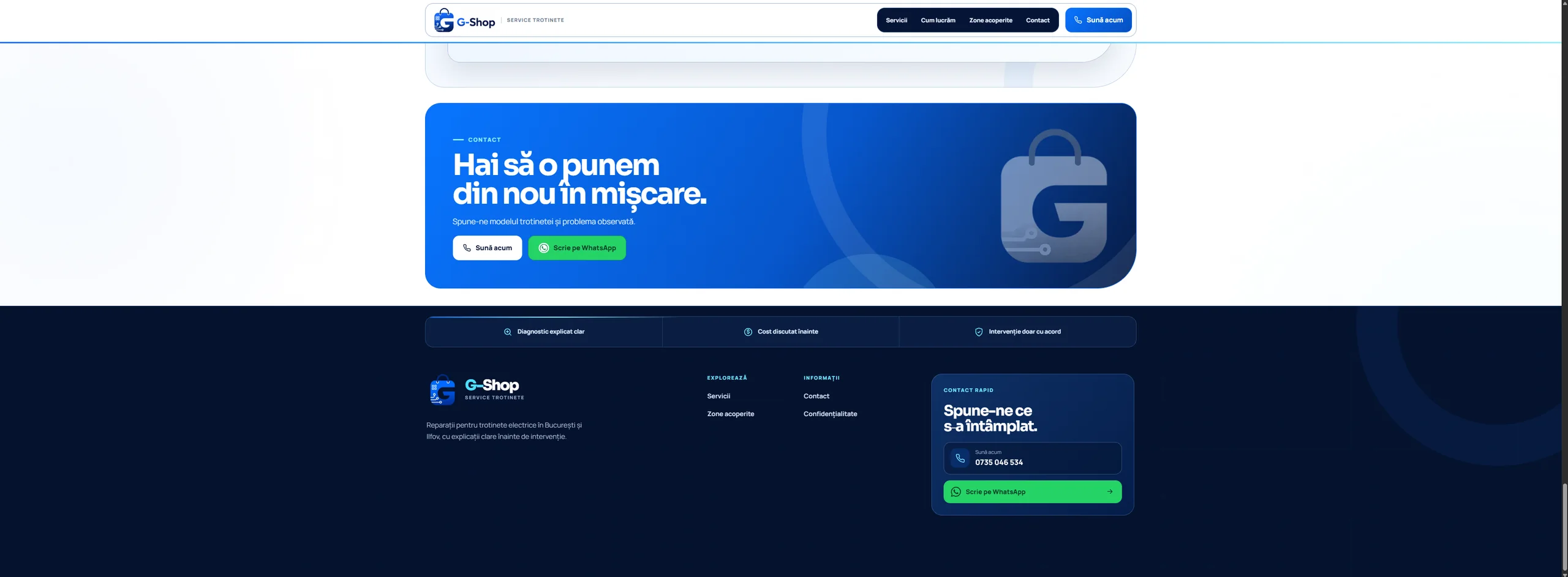 Contact direct prin telefon și WhatsApp pe website-ul G-Shop Trotinete