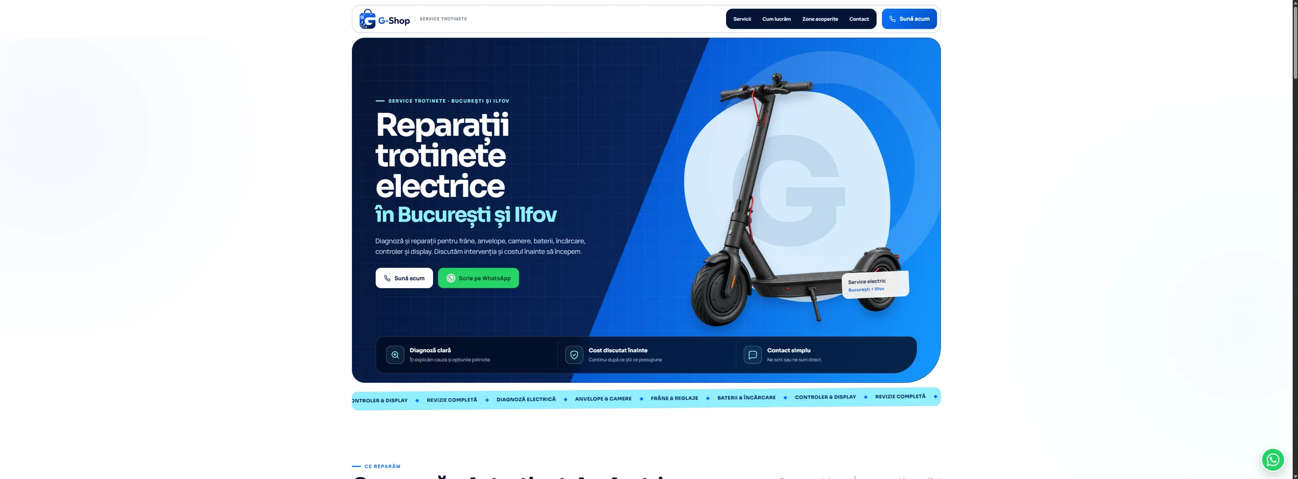 Website G-Shop pentru reparații trotinete București cu integrare WhatsApp