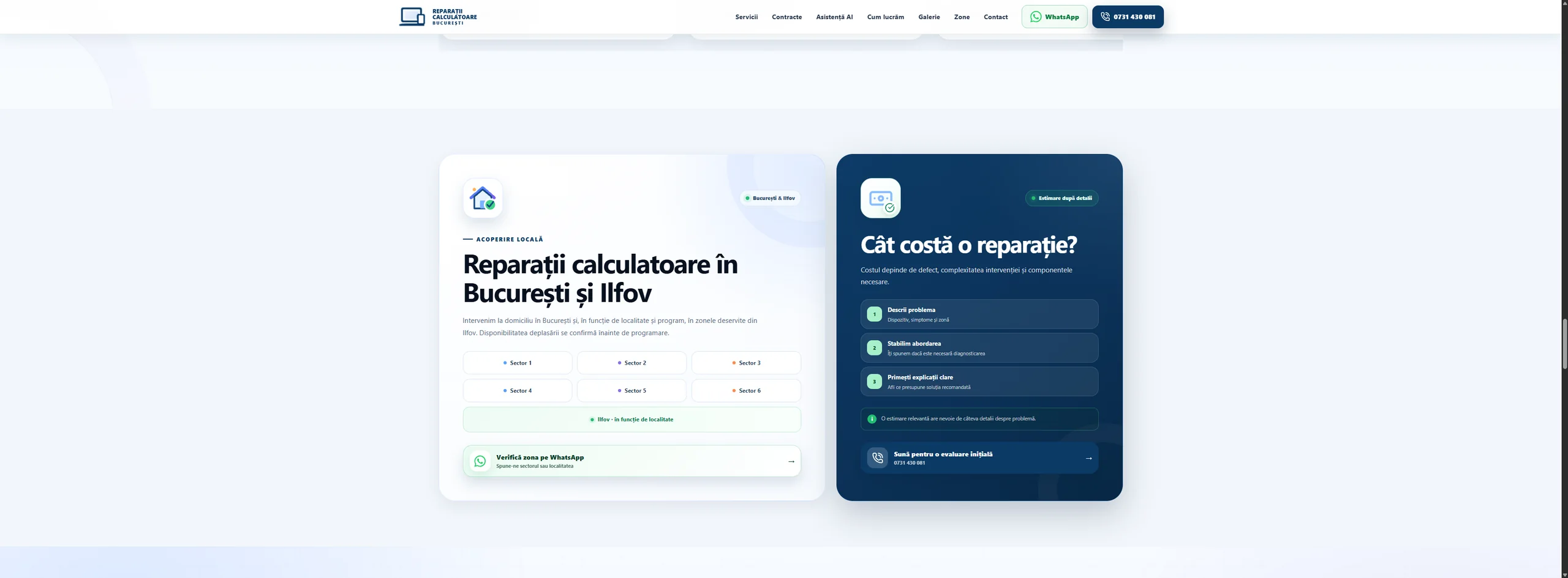 Pagină optimizată SEO local pentru reparații calculatoare în București și Ilfov