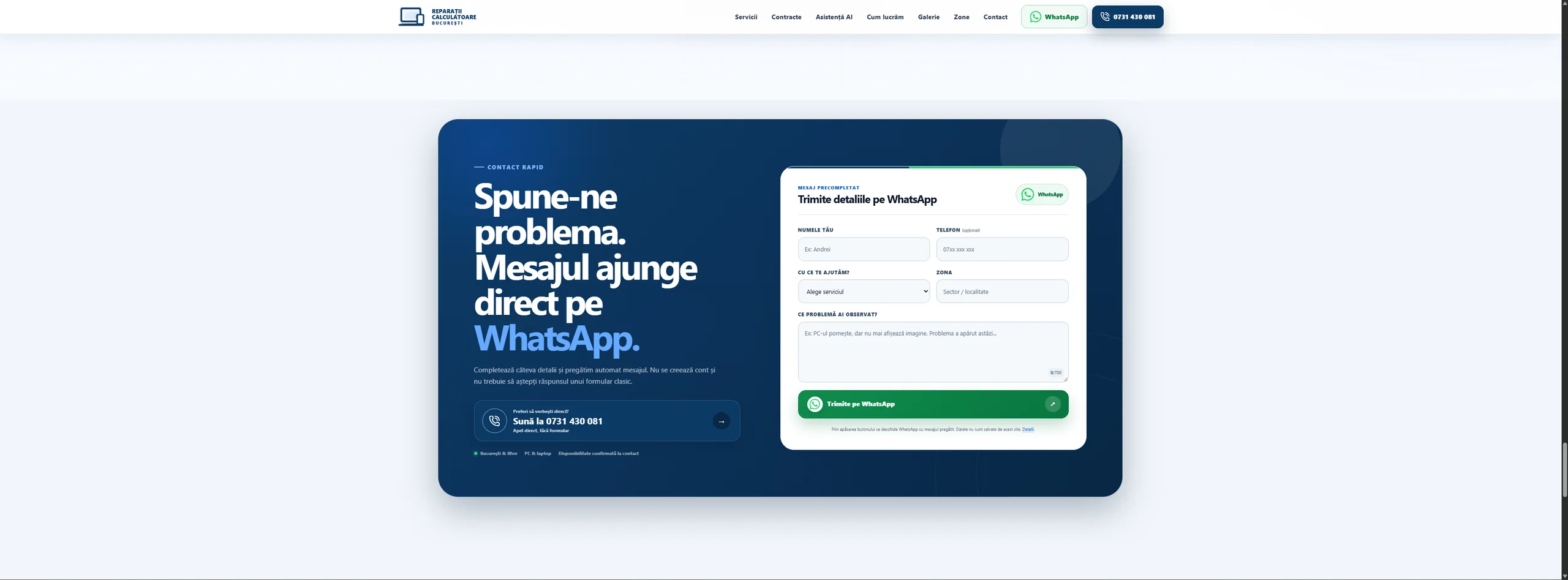 Formular de contact care pregătește automat un mesaj WhatsApp relevant