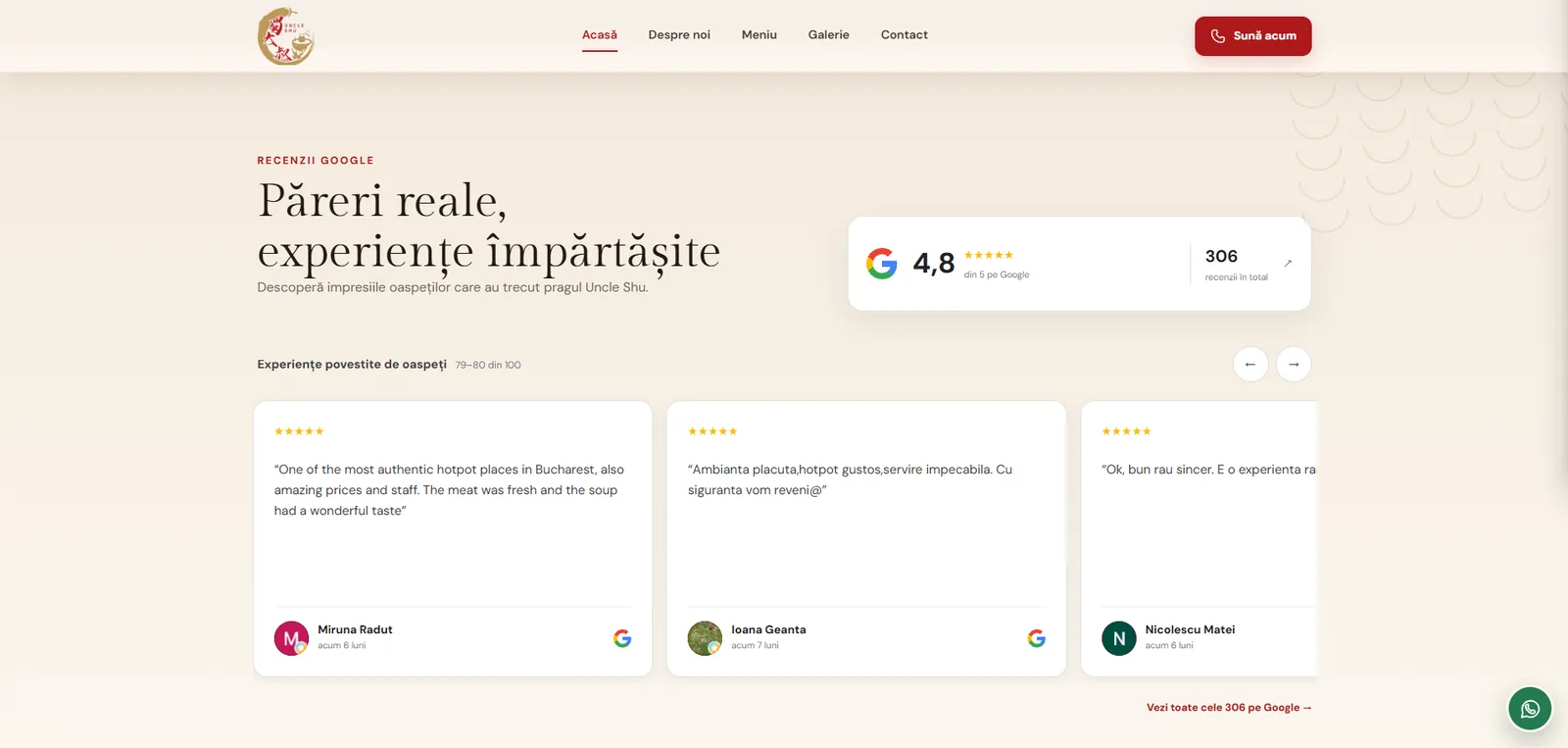 Recenzii Google afișate pe website-ul Uncle Shu