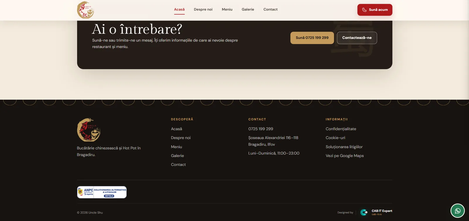 Secțiunea de contact și footer-ul website-ului Uncle Shu